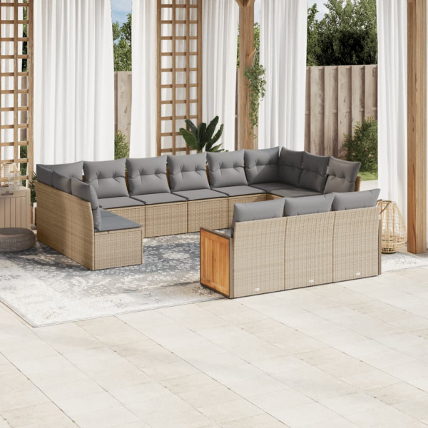 Set sofás de jardín con cojines 13 pzas ratán sintético beige D