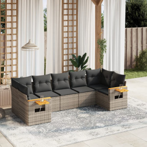 Set de sofás de jardín 7 piezas con cojines ratán PE gris D