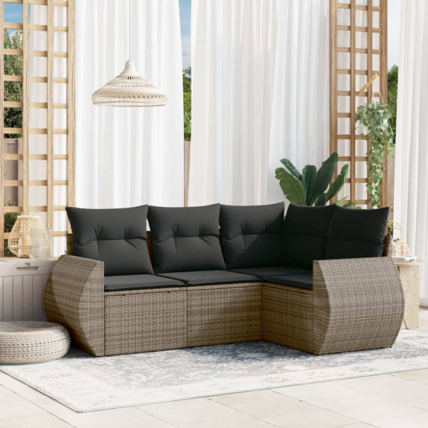 Conjunto de sofás de jardim para 4 pessoas e almofadas de ratão sintético cinza D