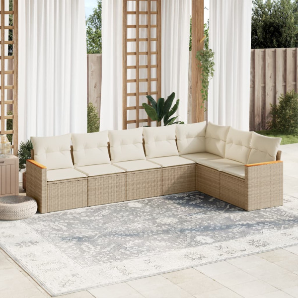 Set de sofás de jardim 7 peças e almofadas ratão sintético beige D