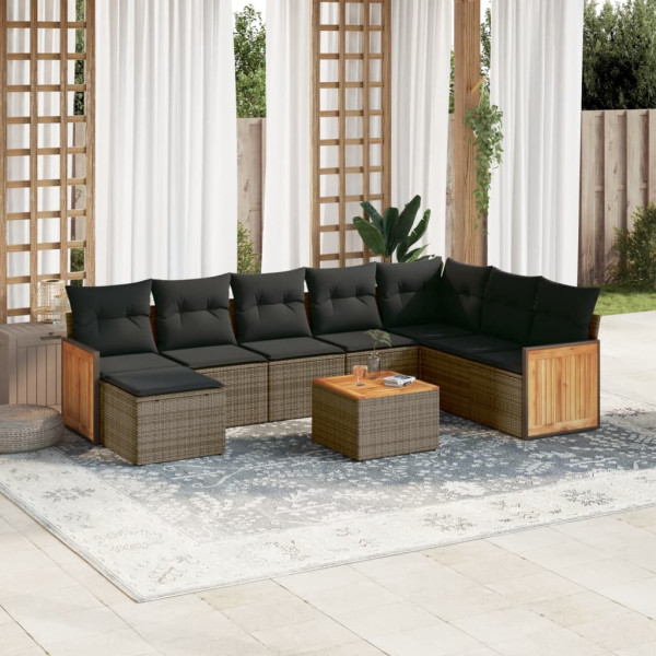 Set de muebles de jardín 9 pzas y cojines ratán sintético gris D