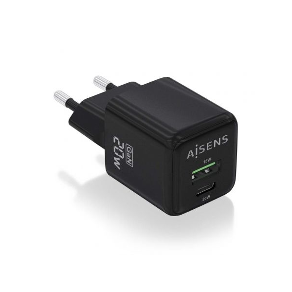 Carregador gan de parede aisens asch-20w2p011-bk/ 1xusb tipo-c/ 1xusb/ 20w D