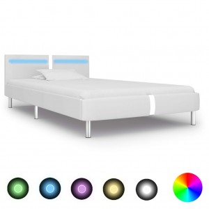 Estructura de cama con LED de cuero sintético blanco 90x200 cm D