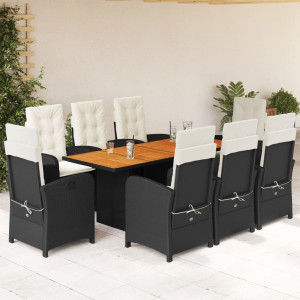 Set de comedor de jardín 9 pzas y cojines ratán sintético negro D