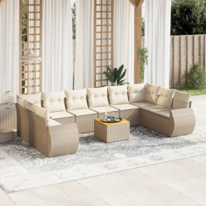 Set de sofás de jardín 11pzas con cojines ratán sintético beige D