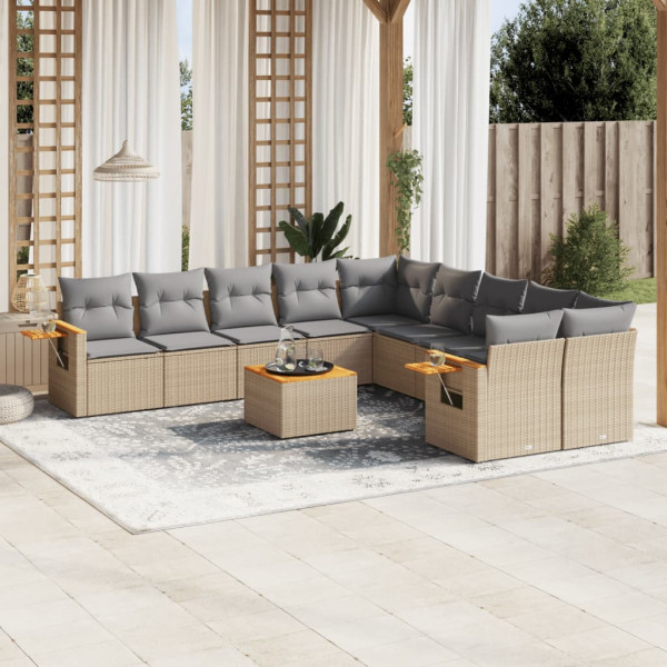 Set de sofás de jardín 11pzas con cojines ratán sintético beige D