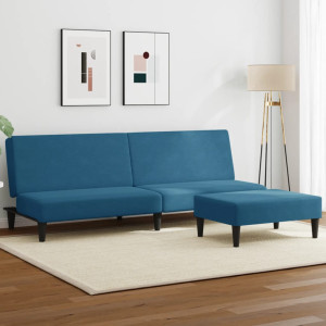 Sofá cama de 2 plazas con taburete terciopelo azul D