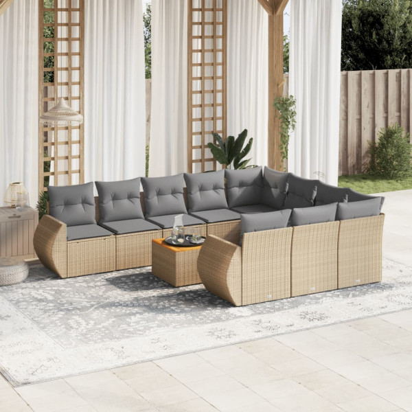 Set de sofás de jardín 11pzas con cojines ratán sintético beige D