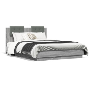 Estructura cama con cabecero luces LED gris Sonoma 120x190 cm D