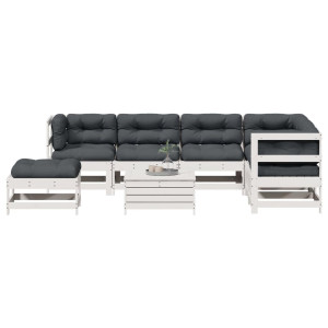 Set muebles jardín con cojines 8 pzas madera maciza pino blanco D