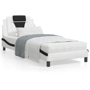 Estructura cama con LED cuero sintético blanco negro 90x200 cm D
