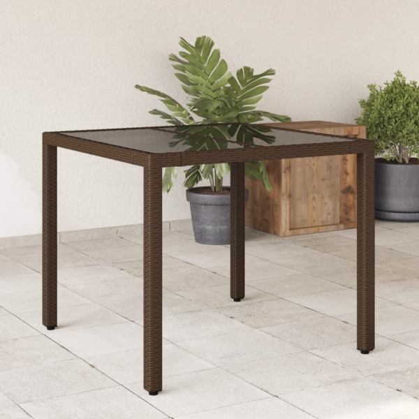 Mesa de jardim superfície de vidro ratão PE marrom 90x90x75 cm D