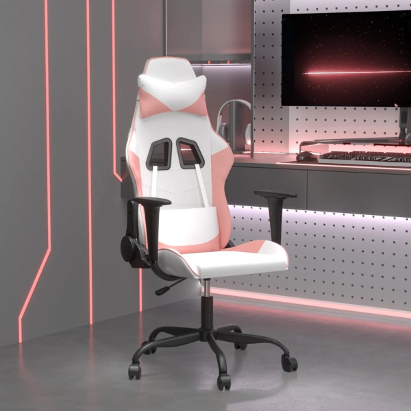 Silla gaming de masaje cuero sintético blanco y rosa D