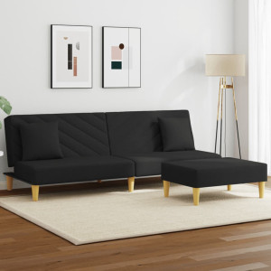 Sofá cama de 2 plazas con almohadas y taburete tela negro D