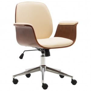 Cadeira de escritório de madeira curva e couro sintético creme D
