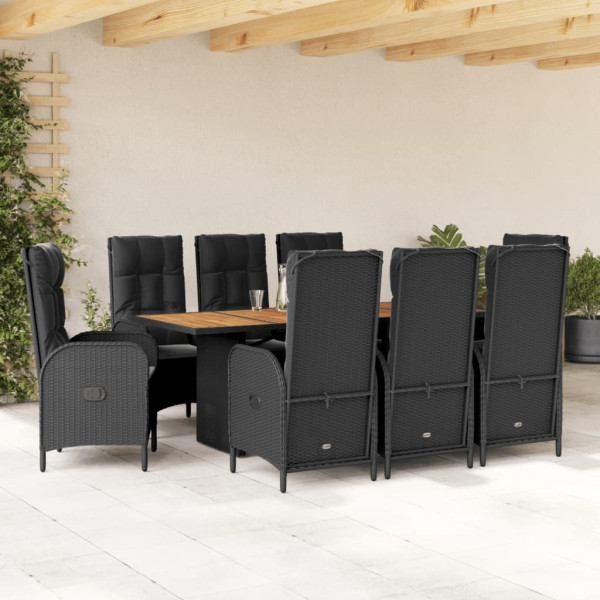 Set de comedor de jardín 9 pzas y cojines ratán sintético negro D