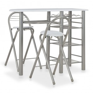 Mesa y taburetes de cocina y estantes de madera y acero blanco D