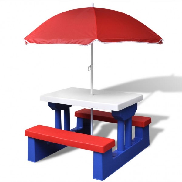 Mesa de picnic y bancos para niños y sombrilla multicolor D