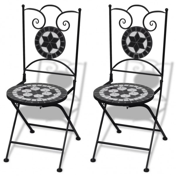 Cadeiras de jardim de bistro dobráveis de cerâmica preto e branco D