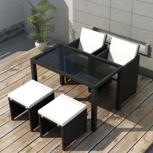 Set comedor de jardín 5 piezas y cojines ratán sintético negro D