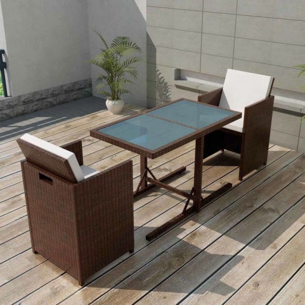 Mesa e cadeiras bistro jardim 3 peças e almofadas poliratan marrom D