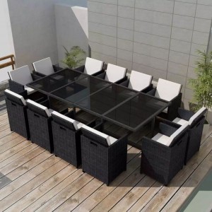 Set Jardim de jantar 13 peças e almofadas Ratão sintético preto D