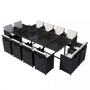 Set comedor de jardín 13 piezas y cojines ratán sintético negro D