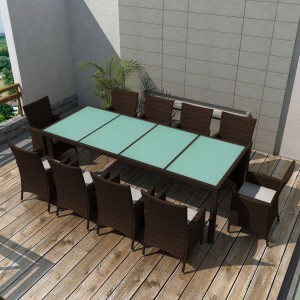 Set comedor de jardín 11 pzas y cojines ratán sintético marrón D