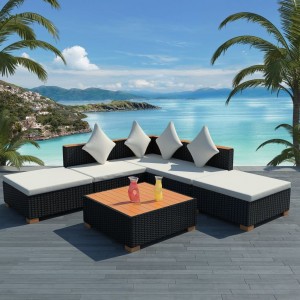 Set muebles de jardín 6 piezas y cojines ratán sintético negro D