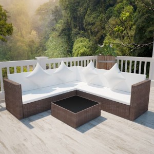 Set muebles de jardín 4 piezas y cojines ratán sintético marrón D