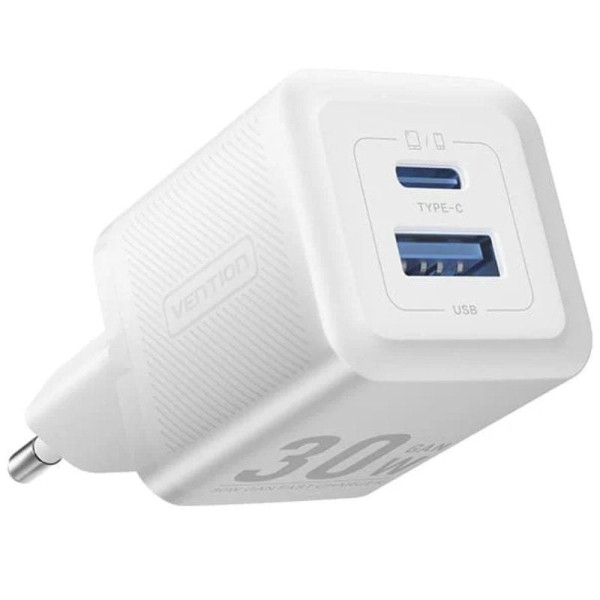 Cargador gan de pared vention feqw0-eu/ 1xusb tipo-c/ 1xusb/ 30w D