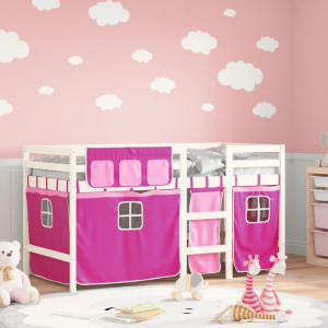 Cama alta para niños con cortinas madera pino rosa 90x190 cm D