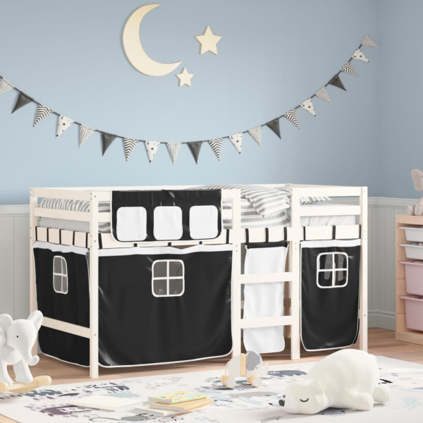 Cama alta niños con cortinas madera pino blanco negro 80x200 cm D