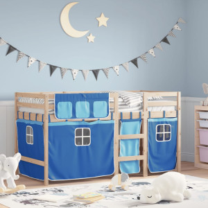 Cama alta para niños con cortinas madera pino azul 90x200 cm D