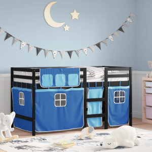 Cama alta para niños con cortinas madera pino azul 90x200 cm D