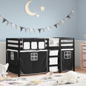 Cama alta niños con cortinas madera pino blanco negro 80x200 cm D