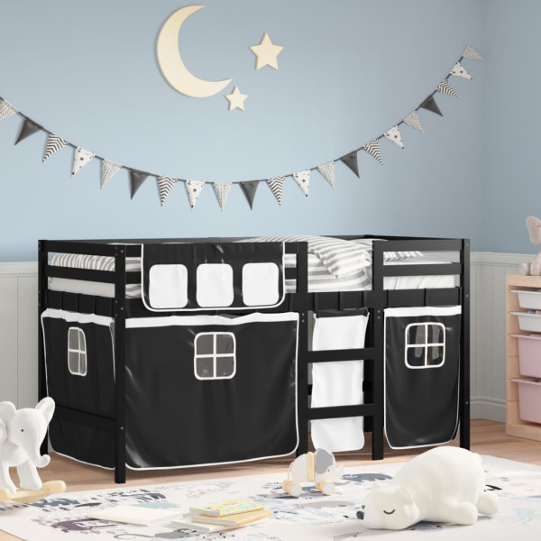 Cama alta niños con cortinas madera pino blanco negro 80x200 cm D