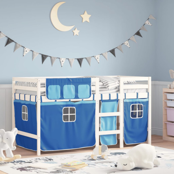 Cama alta para criança com cortinas em madeira de pinho azul 90x200 cm D