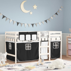 Cama alta infantil com cortinas em madeira de pinho preto e branco 90x200 cm D