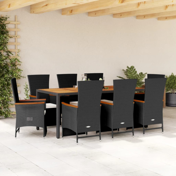 Set de comedor de jardín 9 pzas y cojines ratán sintético negro D