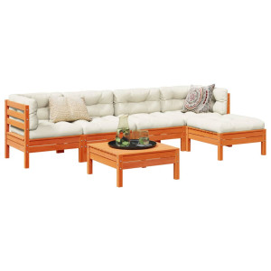 Set de sofás jardín 6 pzas con cojines madera pino marrón cera D