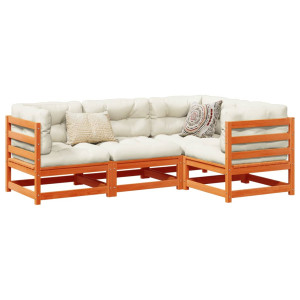 Set de sofás jardín 4 pzas con cojines madera pino marrón cera D