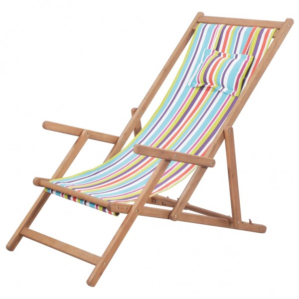 Cadeira de praia dobrável de tecido e estrutura de madeira multicolor D
