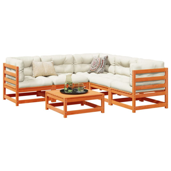 Conjunto de sofás de jardim 6 pzas madeira maciça pinheiro castanho cera D