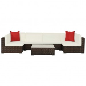 Set muebles de jardín 7 piezas y cojines ratán sintético marrón D