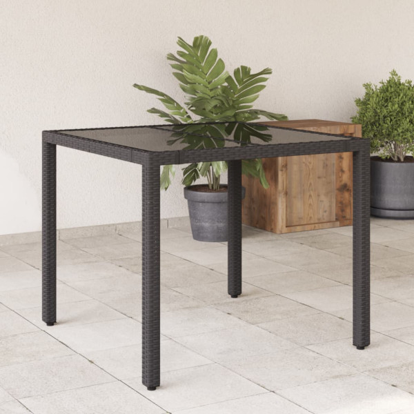 Mesa de jardín superficie de vidrio ratán PE negro 90x90x75 cm D