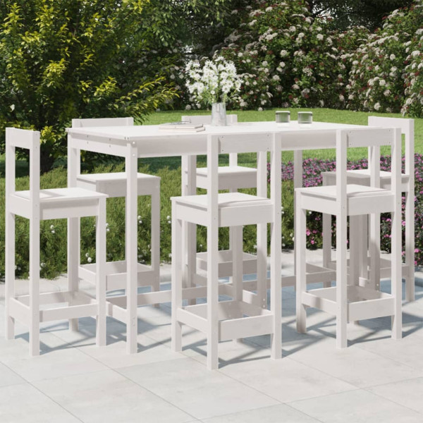 Conjunto de mesa de jardim em madeira de pinho branco com 7 peças e bancos altos D