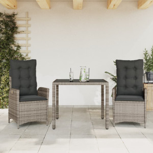 Set comedor de jardín 3 piezas con cojines ratán sintético gris D