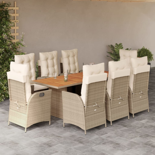 Set comedor de jardín 9 pzas con cojines ratán sintético beige D