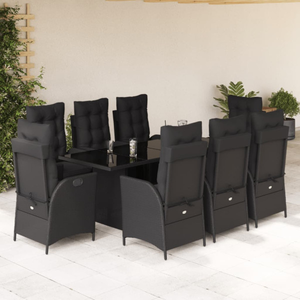 Set de comedor de jardín 9 pzas y cojines ratán sintético negro D